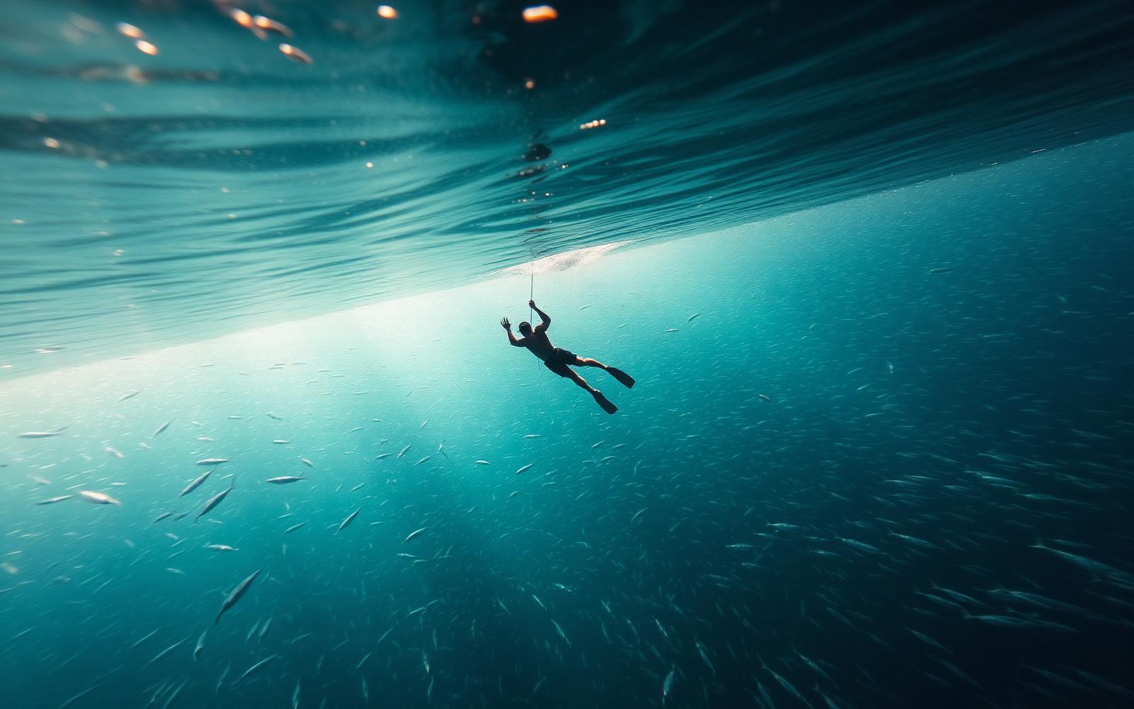 Freediver descending into a sardine run in Moalboal